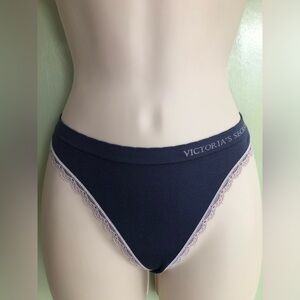 Victoria's Secret Sexy Seamless Stretch Thong Small Pantie Logo Navy Blue White